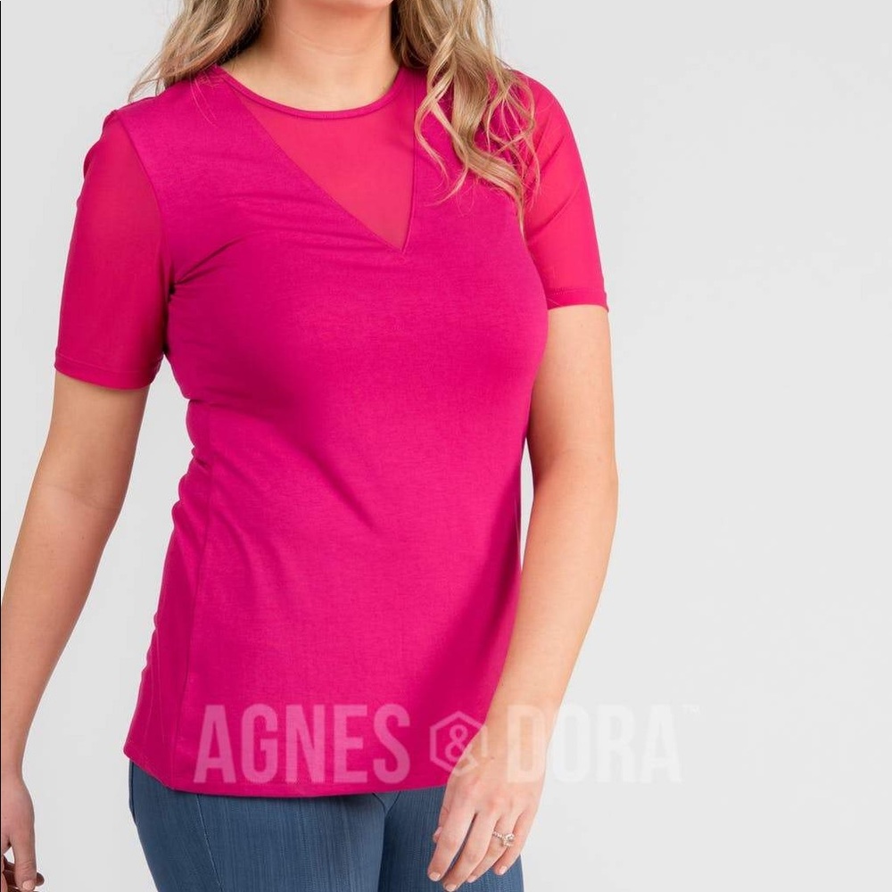 Agnes & Dora Sheer V Neck Tee Raspberry NWT